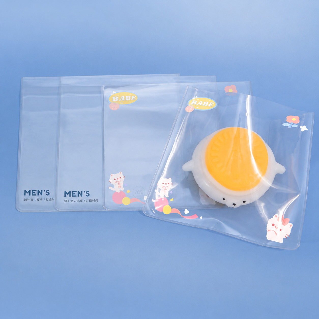 Clear PVC flat bag with open end design and custom printed logo for squishy toy, cosmetic and retail packaging