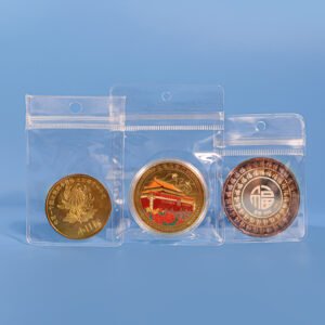 Clear PVC Ziplock Bag with Hanging Hole for coin, medal and jewelry packaging.
