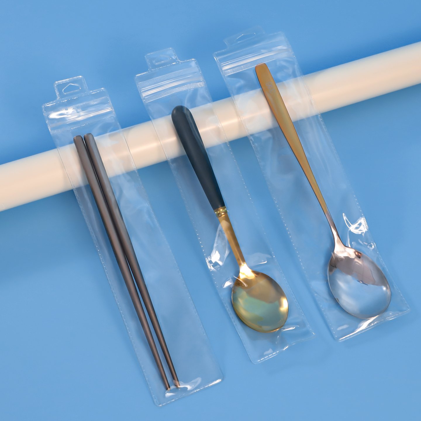 Long PVC ziplock bag with hanging hole for chopsticks, spoons and cutlery packaging.