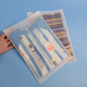 Clothing packaging zipper bag made from frosted PE with slider closure for shirts, garments and apparel packing.